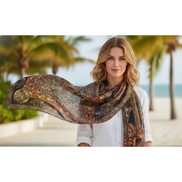 Vintage 90s Into Africa Handmade Leopard Print Sheer Lion & Tiger Square Scarf - Picture 1 of 4